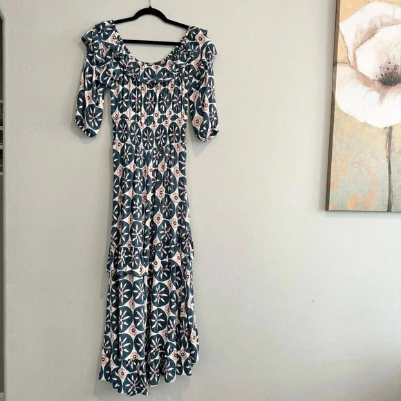 Mister Zimi Dress High Low Off The Shoulder Ruffle Smocked Waist 10 - Picture 4 of 11